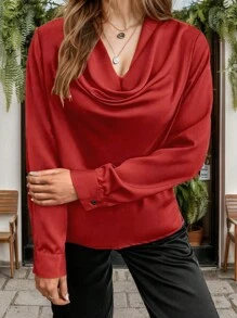 SHEIN Clasi Blusa de manga larga con cuello drapeado en talla grande - Rojo - Ver 1