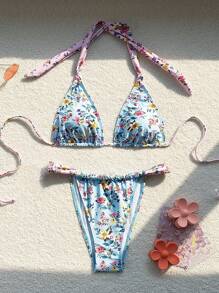 SHEIN Swim Conjunto de traje de baño bikini para mujer con estampado aleatorio dulce y de moda para verano