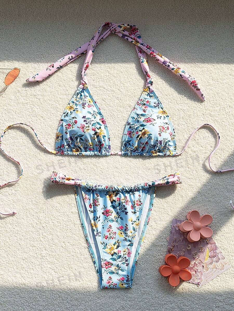 SHEIN Swim Conjunto de traje de baño bikini para mujer con estampado aleatorio dulce y de moda para verano