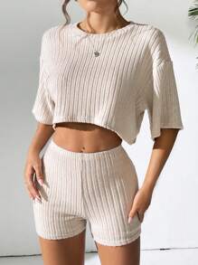 SHEIN EZwear 女士簡約純色短袖上衣和短褲套裝