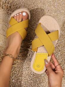 Women's Solid Color Comfy Sandals, Slip On Cross Bands Lightweight Summer Slides, Vacation Non-Slip Beach Slides In Holiday