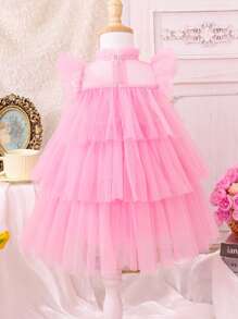 夏季寶寶女孩時尚泡芙蛋糕網紗連衣裙 - 粉色 - 查看 2