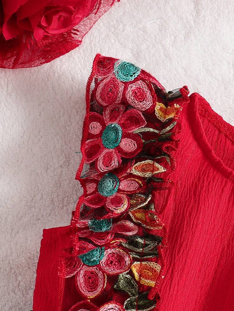 Elegantes Sommerkleid für Baby Mädchen mit besticktem Mesh-Flügelärmel und Blumenmuster