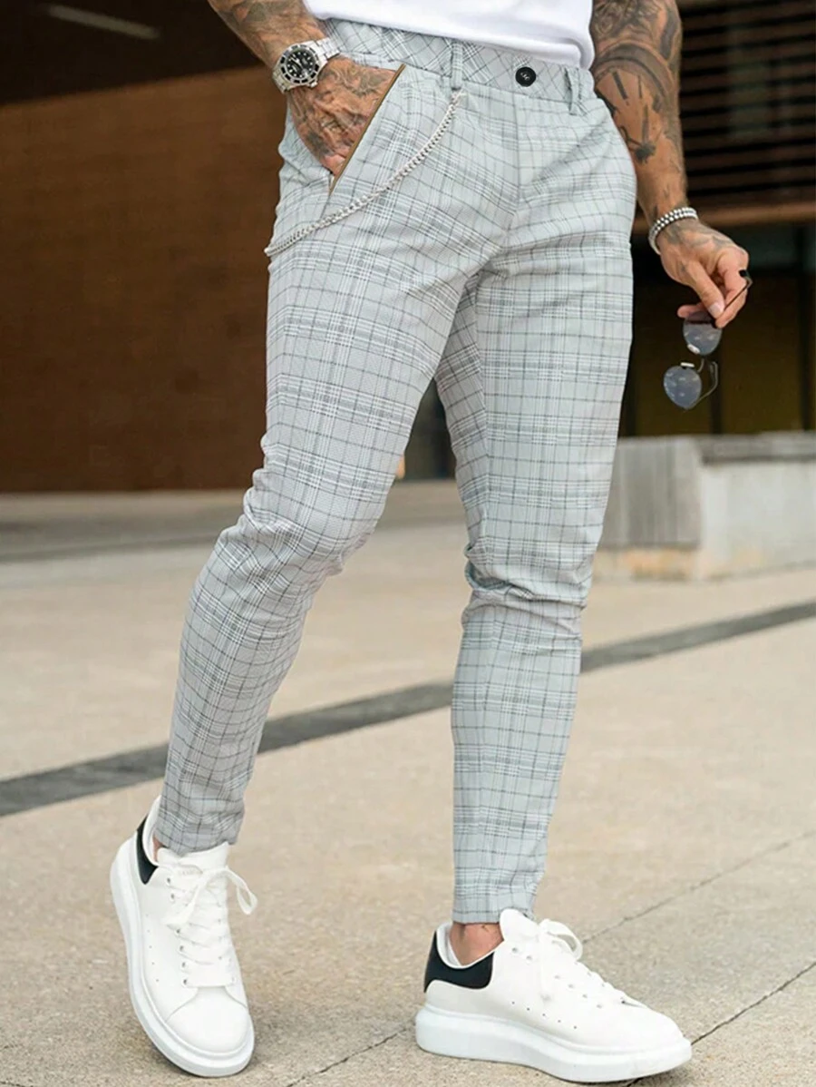 Calvornis Men Plaid Simple Daily Suit Pants - Grey - View 1