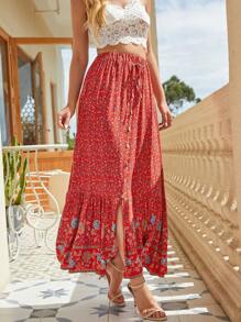 Real Shots Summer New Printed Button Front Slit Hem Skirt, Beach Resort Vacation Wear - Red - View 1