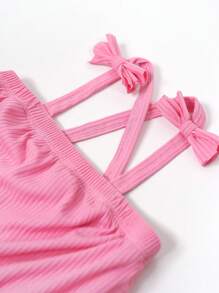 Baby Girl Summer Solid Color Butterfly Decoration Sleeveless Top And Contrast Mesh Shorts Skirt Separated Set - Pink - View 3