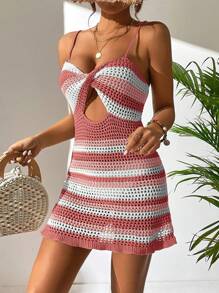 SHEIN Swim 休閒假期彩色條紋扭結開衫針織背心連身裙，夏日沙灘遮陽衣 - 西瓜粉 - 查看 5