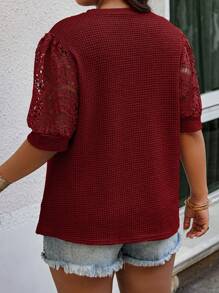 SHEIN LUNE Plus Size Solid Color Lace Splice Short Sleeve T-Shirt For Summer