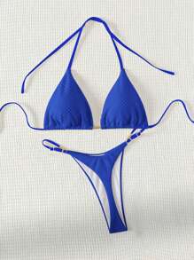 SHEIN Swim 夏季沙灘露背三角杯比基尼套裝 - 寶藍色 - 查看 4