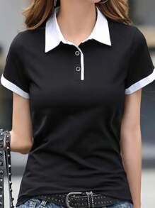 INAWLY Women's Color Block Patchwork Short Sleeve T-Shirt Suitable For Summer Graphic Tees Women Tops - Black - View 4