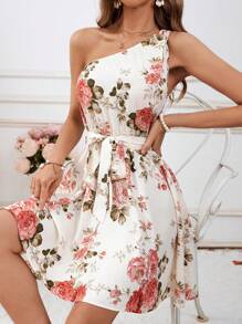 SHEIN VCAY Vestido casual de verano con un hombro y estampado floral