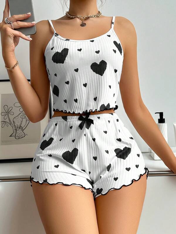 Ensemble Pyjama Haut Et Short Caraco Imprimé Cœur Pour Femmes, Ensemble Blanc, Été