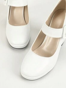 女士高跟鞋法式圆头白色漆皮玛丽珍粗跟鞋 2024 新款优雅优质低鞋面厚底带扣鞋 - 白色 - 查看 7