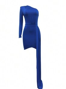 女士時尚純色不對稱領單袖休閒連衣裙女裝 - 藍色 - 查看 3