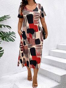 SHEIN LUNE Plus Size Casual Color Block Round Neck Short Sleeve Dress For Summer - متعدد الألوان - مشاهدة 6