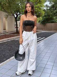 SHEIN EZwear 透明網紗管身連體褲 - 黑色 - 查看 4