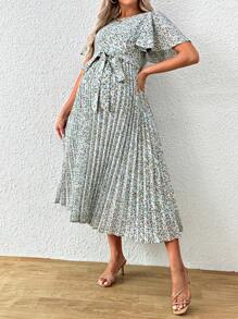 SHEIN Fashionable Printing Pleated Maternity Dress - Blue - View 4