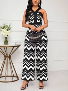 SHEIN Lady Women Summer Wide-Leg Wave Striped Printed Halter Jumpsuit With Neck Strap