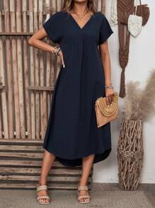 EMERY ROSE Solid Color V-Neck Batwing Sleeve Hi-Low Hem Summer Dress Long Dress Maxi Women Dresses