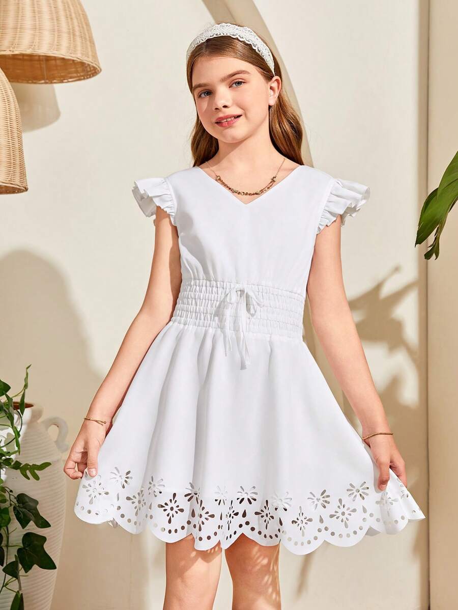 SHEIN Tween Girls' Vacation & Casual Spring/Summer Solid Color Woven V-Neck Flutter Sleeve Waist Tie Dress - White - View 1