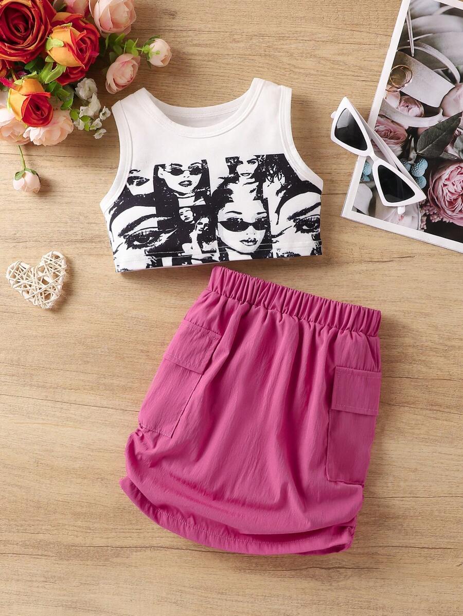 SHEIN 2入組時尚嬰兒女孩無袖黑白印花上衣,帶口袋和褶皺長裙,配發帶,適用於夏季 - 玫紅色 - 查看 1