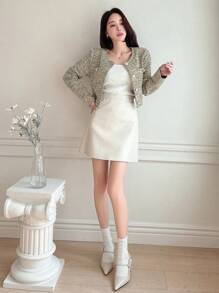 DAZY Business Casual Style Printed Round Neck Short Zip-Up Long Sleeve Jacket,Fall Clothes,Back To School Clothes Plaid - Multicolor - View 2