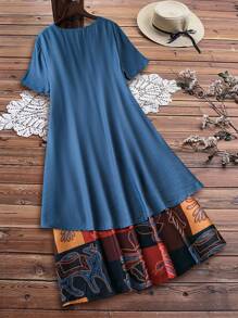 EMERY ROSE 夏季大码女式休闲拼布印花短袖二合一长裙 - 藍色 - 查看 2