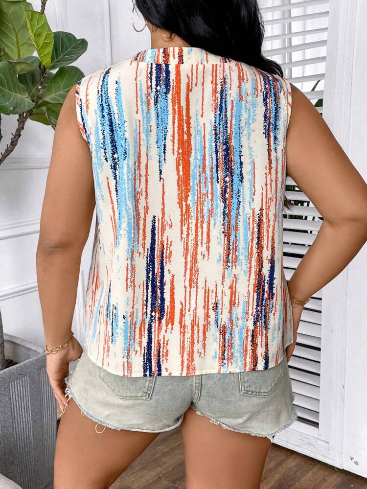 Plus Size Printed Half-Button Placket Sleeveless Shirt With Full-Frontal Print