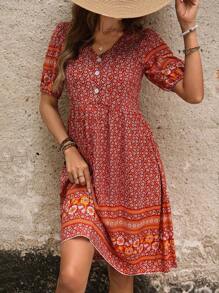 SHEIN LUNE 女士簡約優雅日常花紋印花裙 - 橘色 - 查看 5