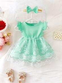 SHEIN New Born Baby Girl Summer Embroidered Mesh Dress Collared Cap Sleeve Dress With Flower Patchwork - Mint Green - View 1