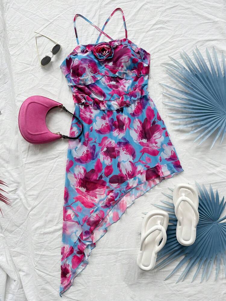 Plus Size Women's Casual Floral Printed Spaghetti Strap Asymmetrical Ruffle Hem Dress For Vacation
