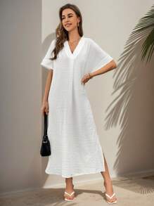 SHEIN Essnce Casual Linen Texture Loose Fit Dress With Split Hem For Home Relaxing - White - View 2