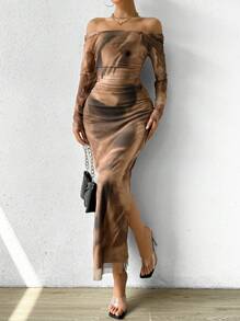 Islaluna 女式春夏露肩长袖扎染侧开衩修身连衣裙长款女装秋季女装 - 卡其色 - 查看 5