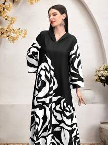 Al Najma 女士时尚花朵印花长袖阿拉伯朴素连衣裙 - 黑色 - 查看 3