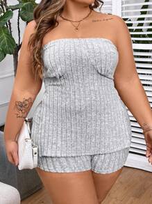 SHEIN CURVE+ Plus Size Women Knitted Vertical Stripe Simple Daily Strapless Top And Shorts Set - Light Grey - View 4