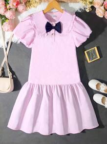 Teenager Mädchen Frühling/Sommer neues Kleid mit Peter-Pan-Kragen, Lässig und süß geschnittenes A-Linien-Kleid mit strukturiertem Stoff und Schleifendesign