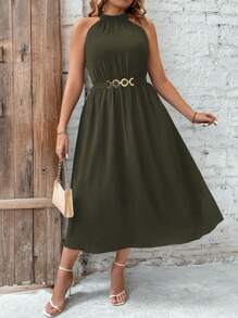 SHEIN Unity 加大码金属腰带，露背夏季收腰连衣裙女装 - 軍綠色 - 查看 5