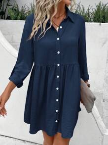 SHEIN Frenchy Ladies Solid Color Minimalist Shirt Dress With Front Buttons Winter Blue - Navy Blue - View 4