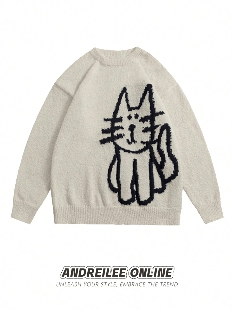 ANDREILEE 男士纯色卡通猫咪图案针织毛衣，可爱休闲，适合日常穿着，宽松圆领长袖 - 杏色 - 查看 1