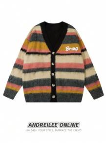 Men's Striped Cardigan Long Sleeve V-Neck Sweater, Autumn/Winter - Black - View 1
