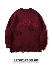 ANDREILEE Unisex Casual Loose Fit Crew Neck Sweater With Letter Embroidery, Star Distressed Fringe Design, Versatile Long Sleeve Knit Top For Spring, Autumn, Winter - Burgundy - View 1