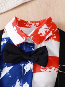 4th Of July Gentleman American Flag Print Bow Decorated Shirt + Solid Color Overall Shorts Two-Piece Suit For Baby Boys Toddler Kids, Suitable For Summer Occasions - Multicolor - View 4