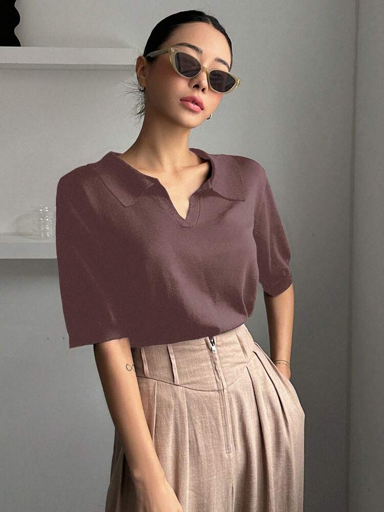 Women's Spring/Summer Plain Short Sleeve Polo Collar Loose Knit Top