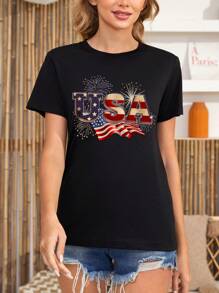 INAWLY Women's Fashionable Summer Short Sleeve T-Shirt With Usa Print Graphic Tees Women Tops