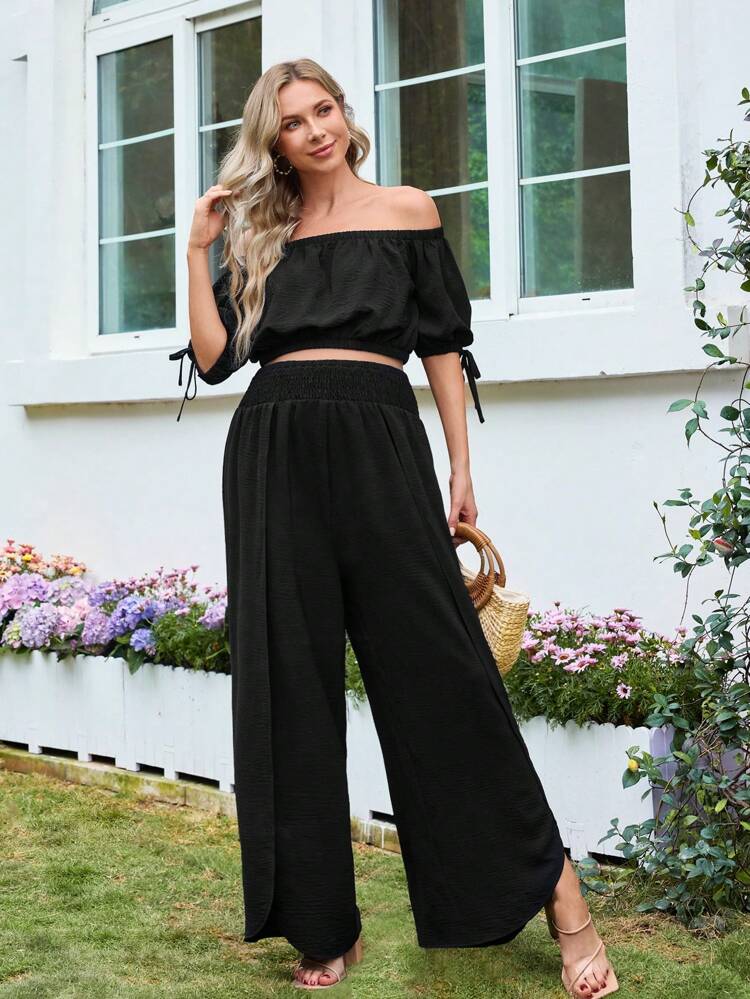 Maternity Romantic Holiday Off Shoulder Tie Short Sleeve Top And Wide Leg Pants