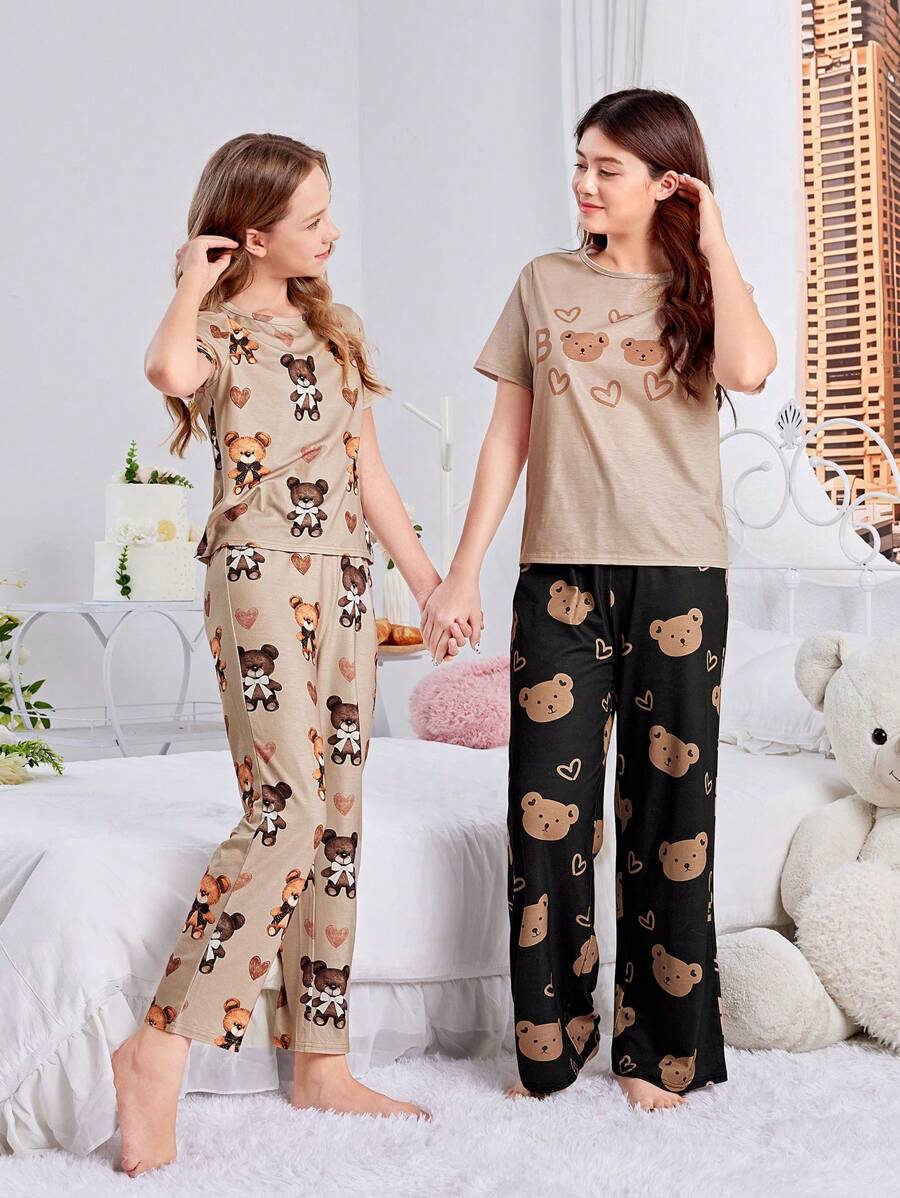 SHEIN Teen Girl Cute Bear Pattern Short Sleeve And Long Pants Casual