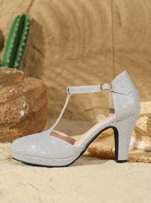 女士T字带踝带高跟鞋锥形鞋跟浅口鞋优雅玛丽珍鞋春夏金属银色亮片时尚鞋细高跟晚宴派对银色高跟鞋防水厚底婚鞋厚底银色凉鞋女士银色凉鞋 - 銀色 - 查看 3