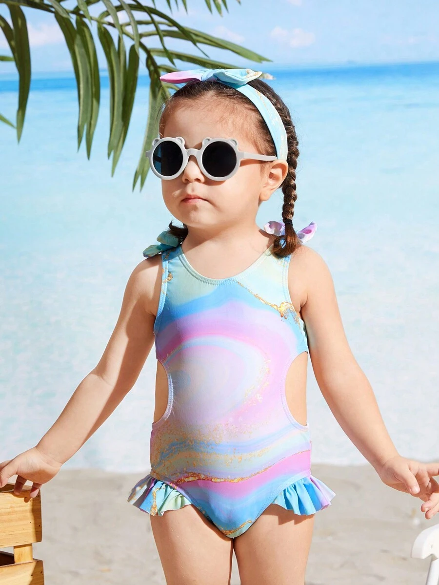 Baby Girl Marble Print One-Piece Swimsuit With Matching Headband - Multicolor - View 1