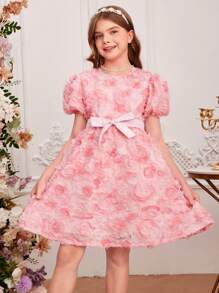 SHEIN Leap Crew Tween Girl's Gorgeous & Bubble Sleeve Floral Embroidered Dress With Waist Belt, Spring/Summer - Pink - View 1