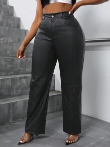SHEIN Unity Plus Size Coated Flip Pocket Straight Fit Casual Cargo Pants Fall Cloth For Women - Black - View 6